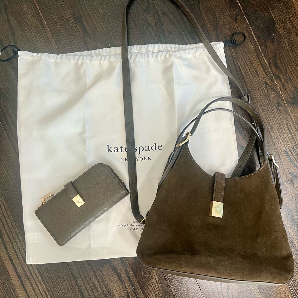 Kate Spade Burnt Sage Suede Shoulder Bag with Matching Wallet with Dust Bag